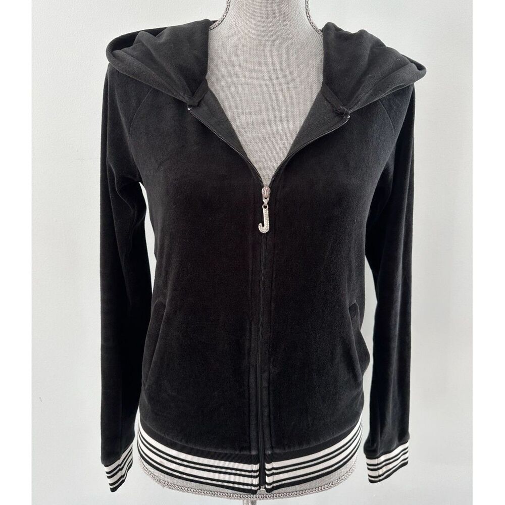 Juicy Couture Black Velour Jacket Diamond J Zipper Pull Silver/White Size XS